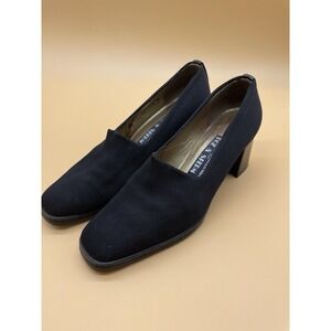 Vintage Stuart Weitzman For Roz & Sherm Fabric Black Chunk Heels Pumps 7.5‎ M